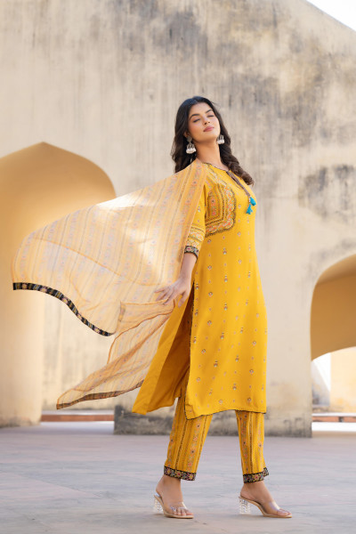 Mustard Ethnic Motif Printed Viscose Kurta Pant And Dupatta Set With Doris & Tassels
