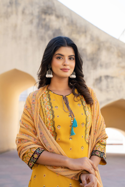 Mustard Ethnic Motif Printed Viscose Kurta Pant And Dupatta Set With Doris & Tassels