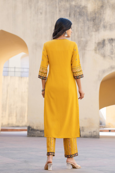 Mustard Ethnic Motif Printed Viscose Kurta Pant And Dupatta Set With Doris & Tassels