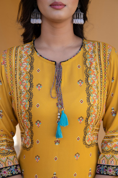 Mustard Ethnic Motif Printed Viscose Kurta Pant And Dupatta Set With Doris & Tassels