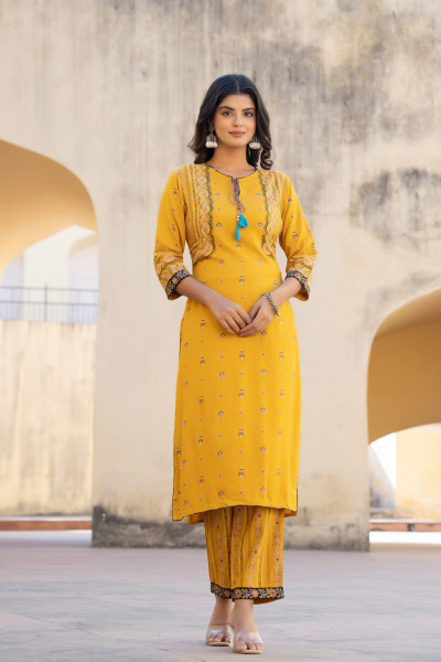 Mustard Ethnic Motif Printed Viscose Kurta Pant And Dupatta Set With Doris & Tassels