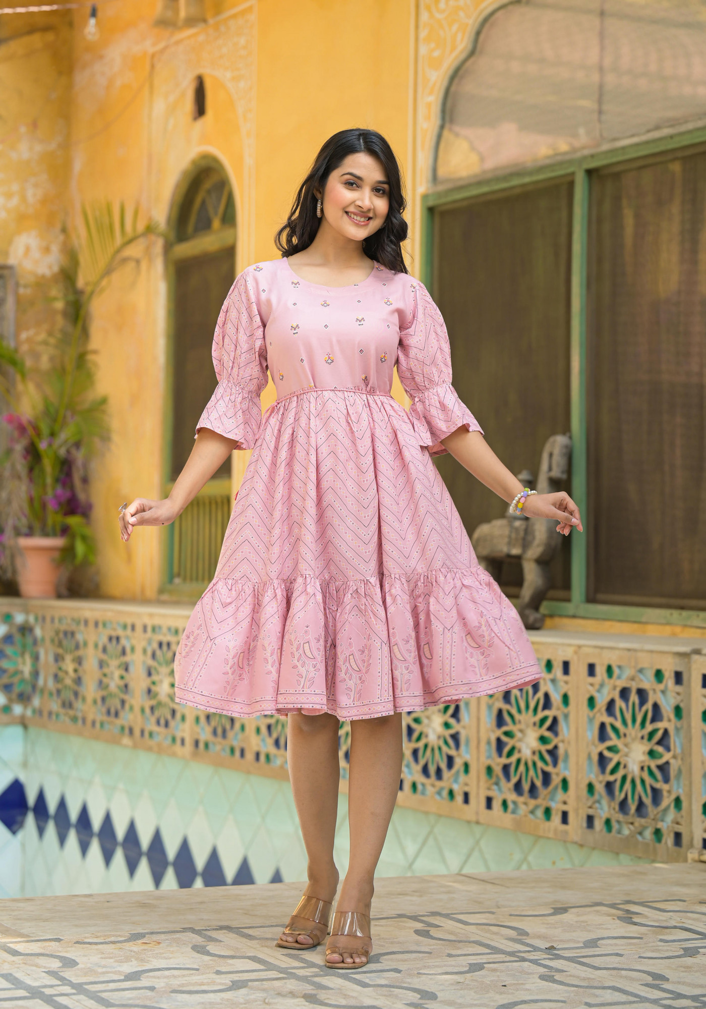 Pink Ethnic Motif Printed Viscose Short Dress With Doris Pink Ethnic Motif Printed Viscose Short Dress With Doris