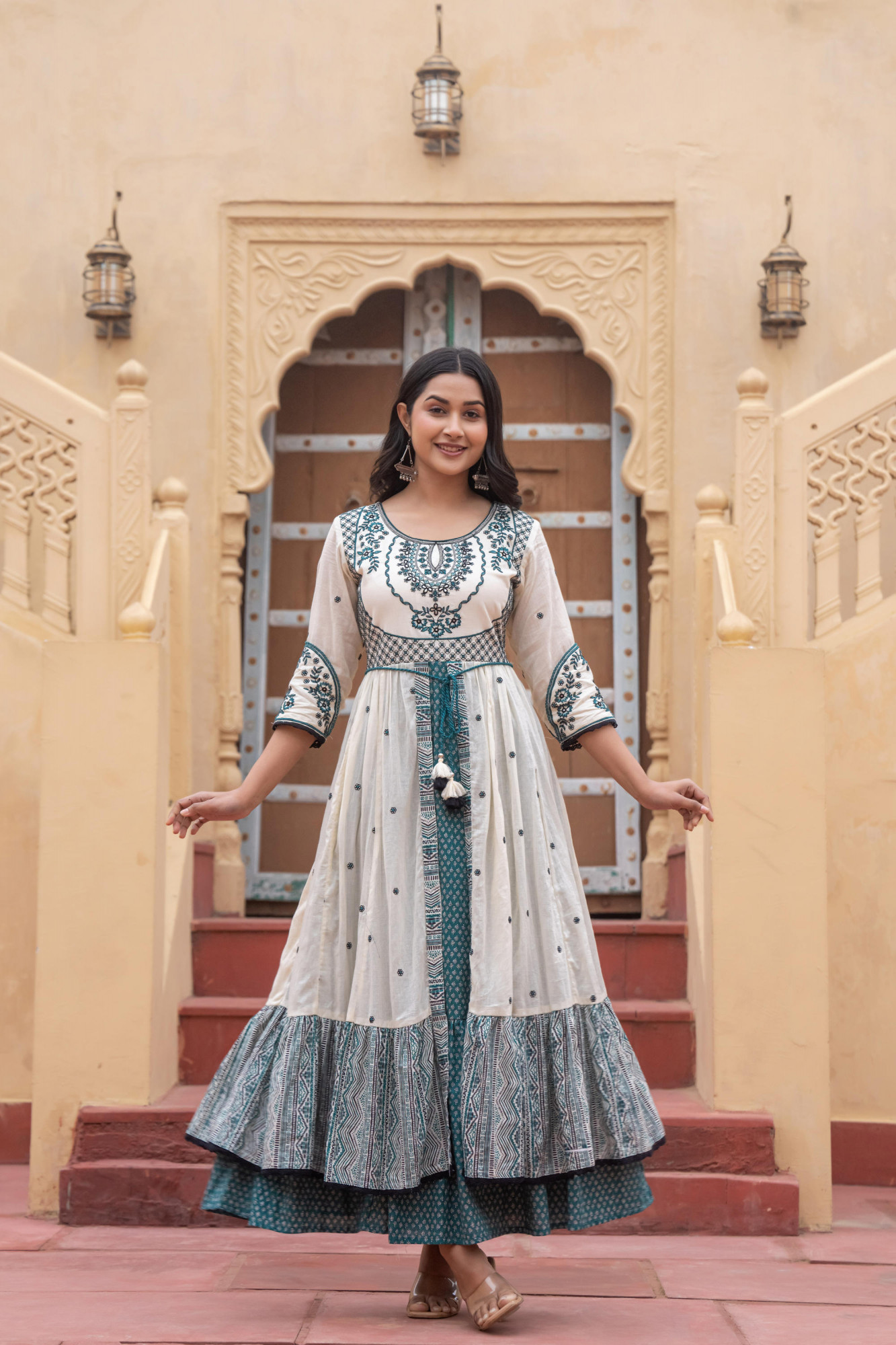 Green Ethnic Motif Printed Cotton Long Dress With Doris & Thread Work