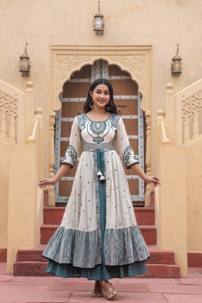 Green Ethnic Motif Printed Cotton Long Dress With Doris & Thread Work