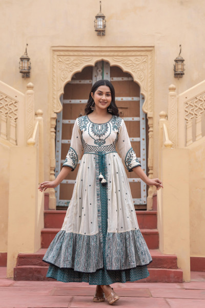 Green Ethnic Motif Printed Cotton Long Dress With Doris & Thread Work