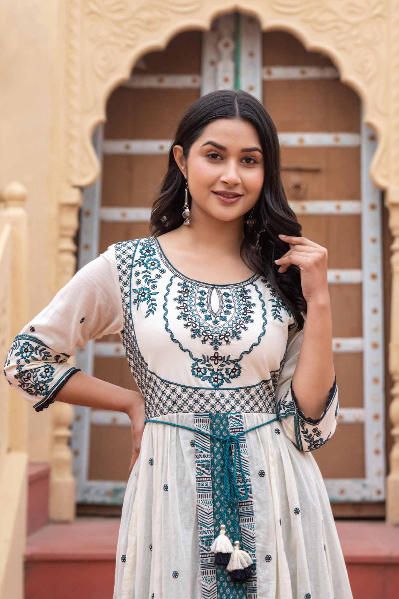 Green Ethnic Motif Printed Cotton Long Dress With Doris & Thread Work