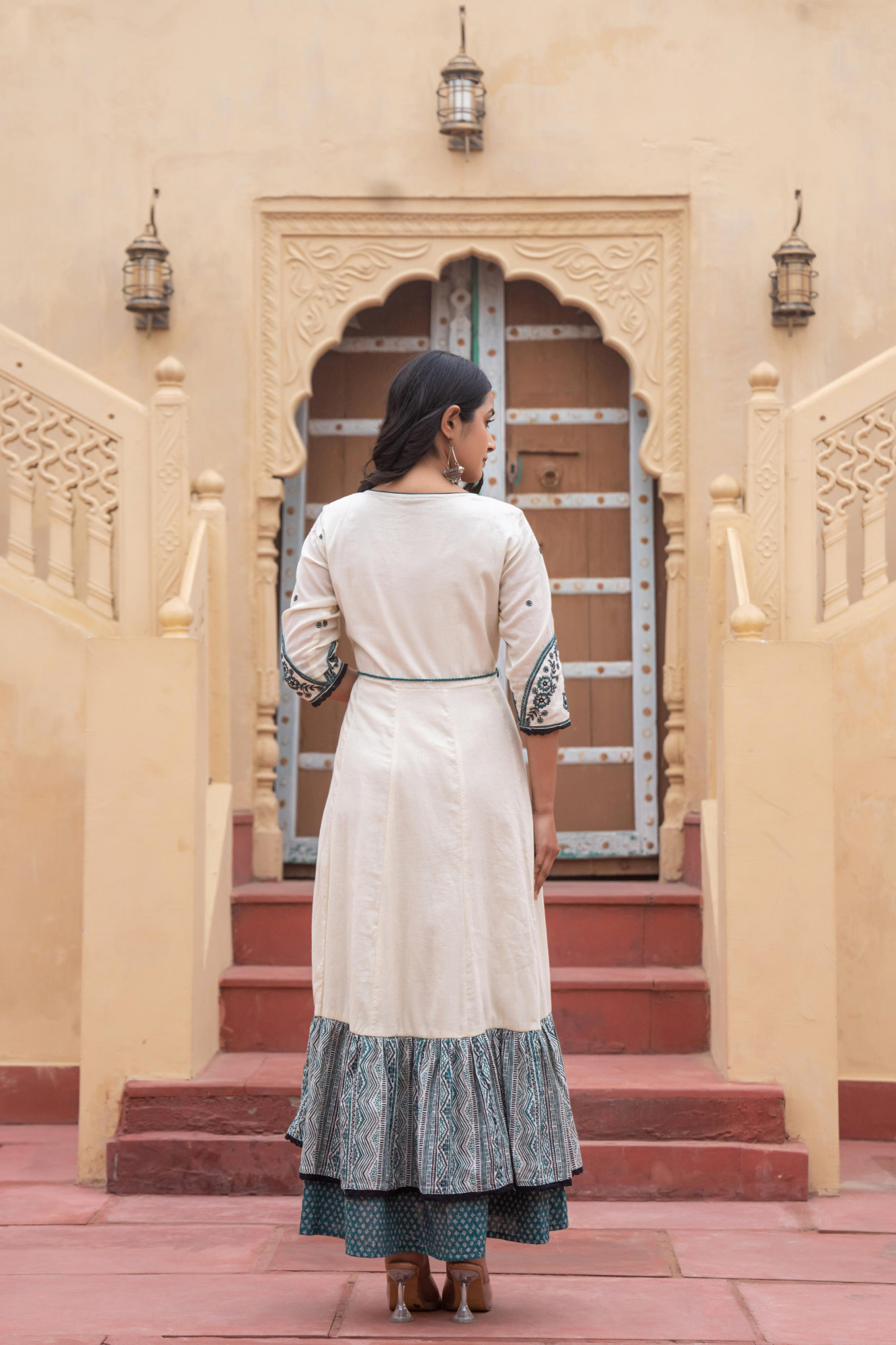 Green Ethnic Motif Printed Cotton Long Dress With Doris & Thread Work