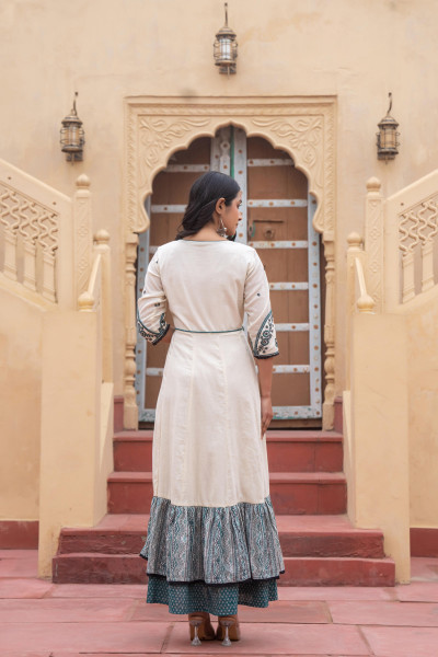 Green Ethnic Motif Printed Cotton Long Dress With Doris & Thread Work