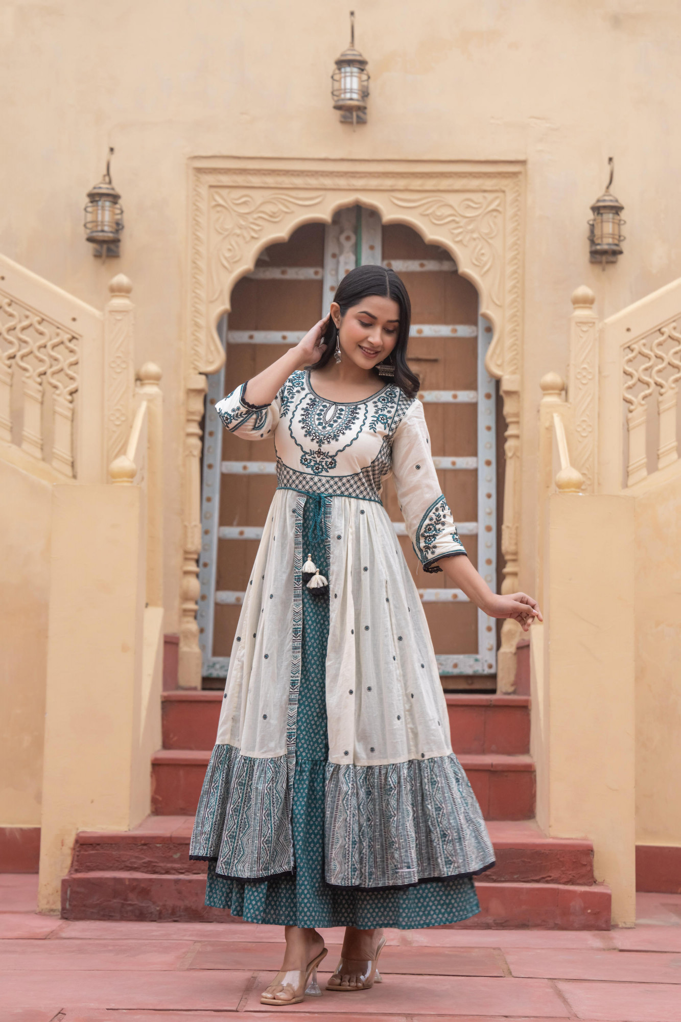 Green Ethnic Motif Printed Cotton Long Dress With Doris & Thread Work