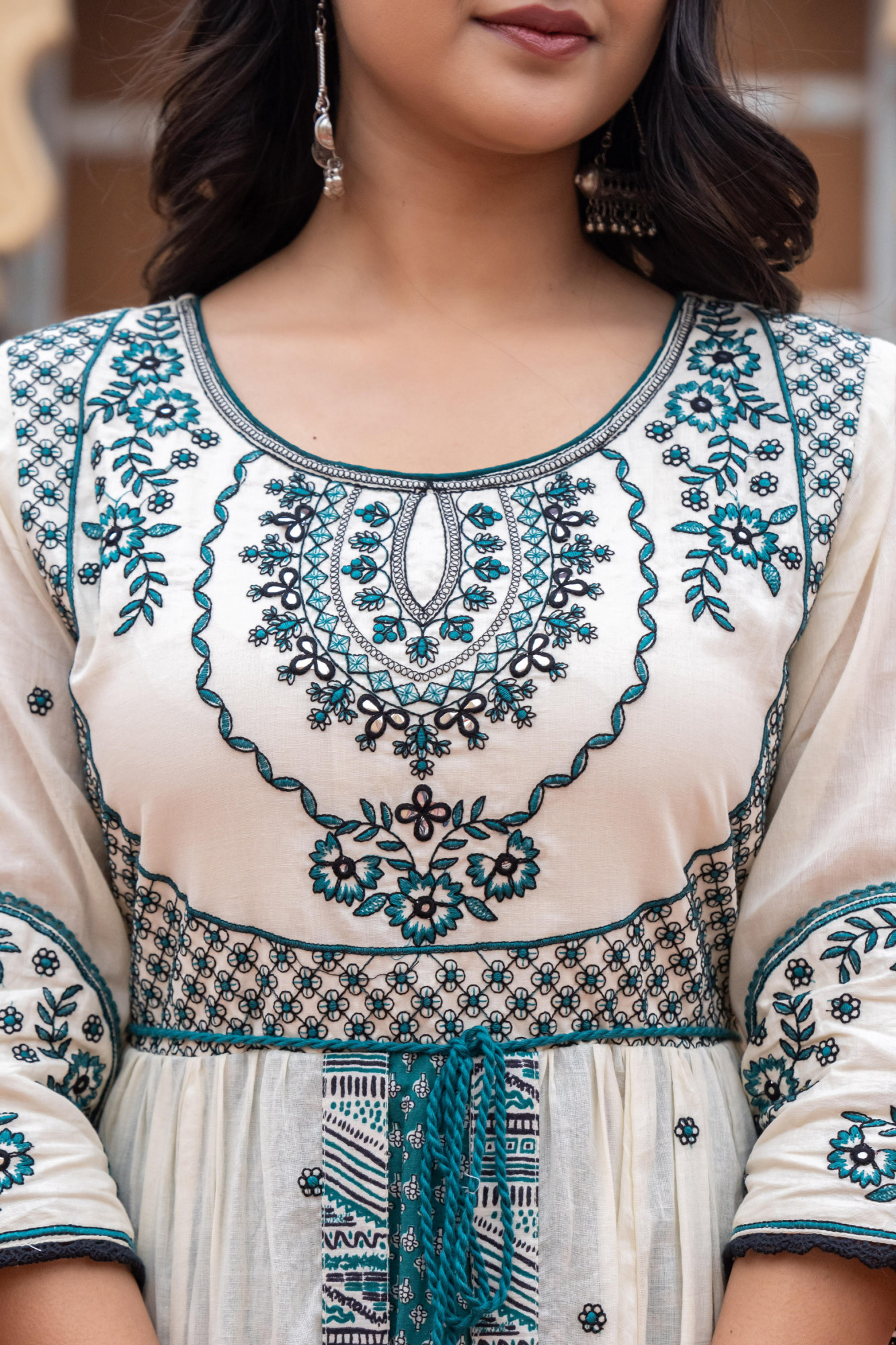 Green Ethnic Motif Printed Cotton Long Dress With Doris & Thread Work