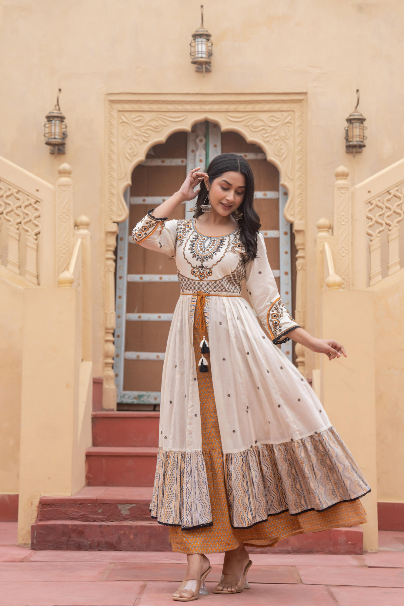 Mustard Ethnic Motif Printed Cotton Long Dress With Doris & Thread Work