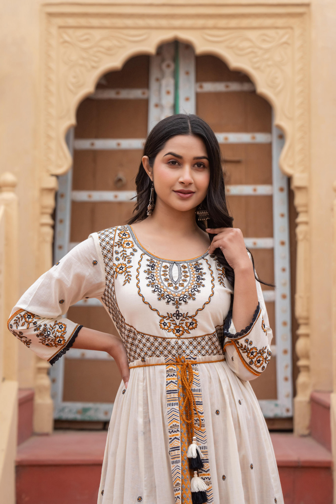 Mustard Ethnic Motif Printed Cotton Long Dress With Doris & Thread Work