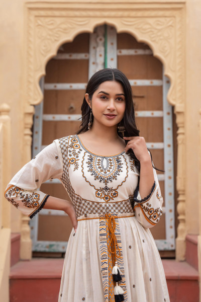 Mustard Ethnic Motif Printed Cotton Long Dress With Doris & Thread Work