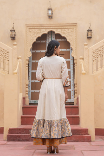 Mustard Ethnic Motif Printed Cotton Long Dress With Doris & Thread Work