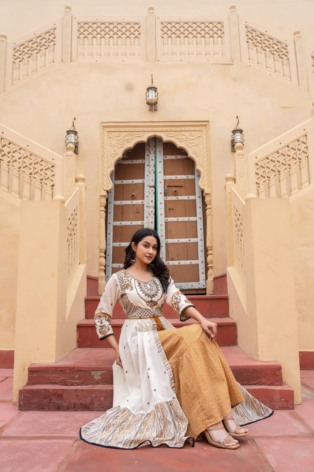 Mustard Ethnic Motif Printed Cotton Long Dress With Doris & Thread Work