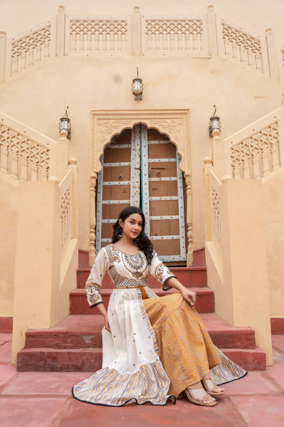 Mustard Ethnic Motif Printed Cotton Long Dress With Doris & Thread Work