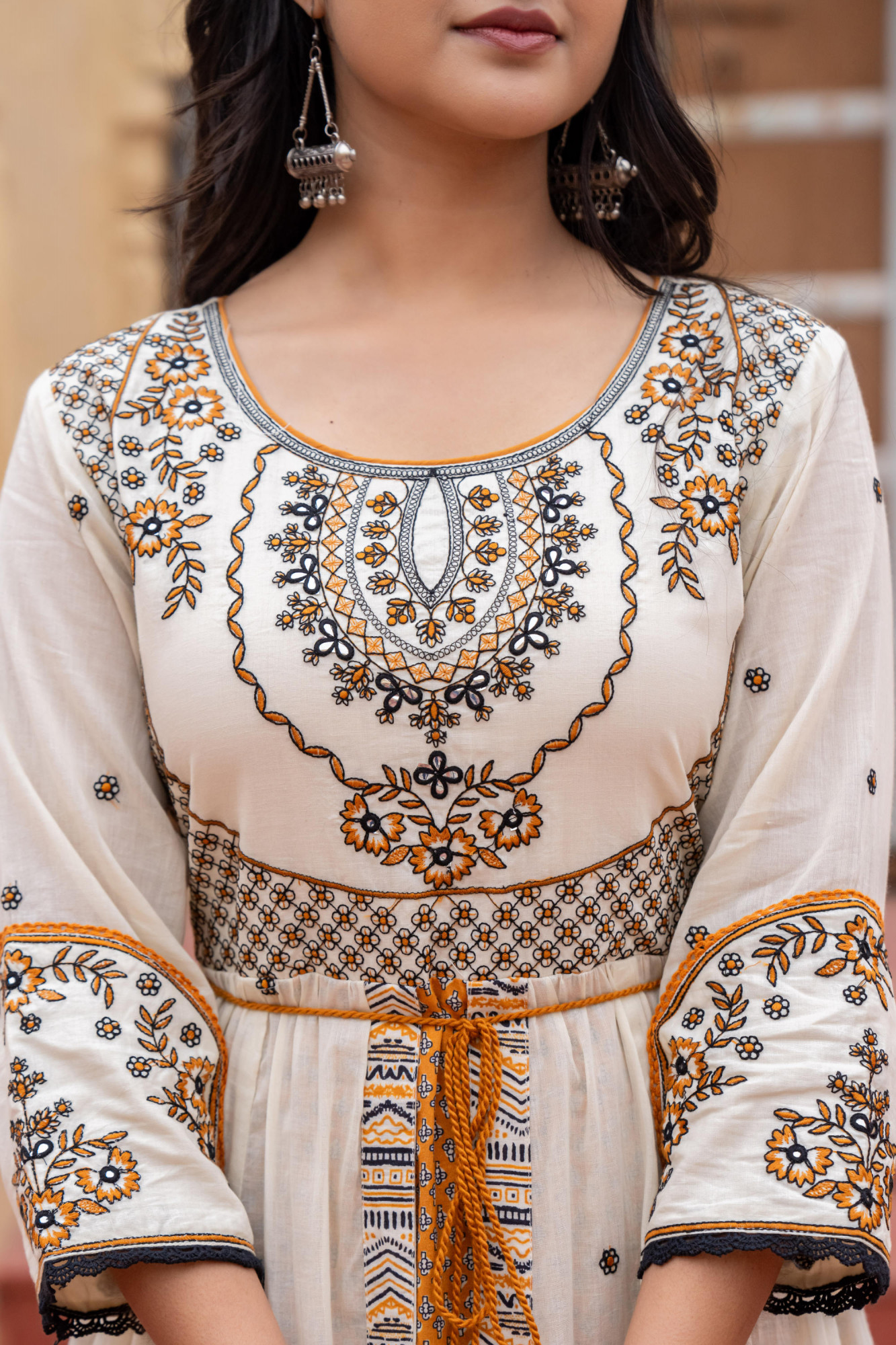 Mustard Ethnic Motif Printed Cotton Long Dress With Doris & Thread Work