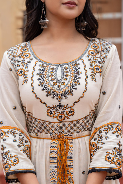 Mustard Ethnic Motif Printed Cotton Long Dress With Doris & Thread Work