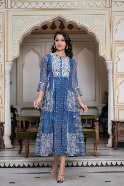 Blue Cotton Floral Embroidered Dress with Thread Work, Dori, Tassels & Denim Look
