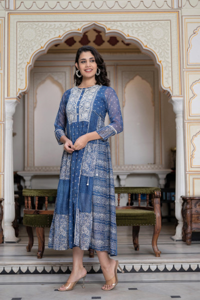 Blue Cotton Floral Embroidered Dress with Thread Work, Dori, Tassels & Denim Look