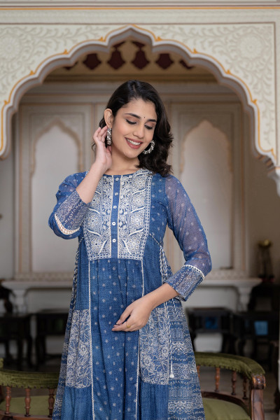 Blue Cotton Floral Embroidered Dress with Thread Work, Dori, Tassels & Denim Look