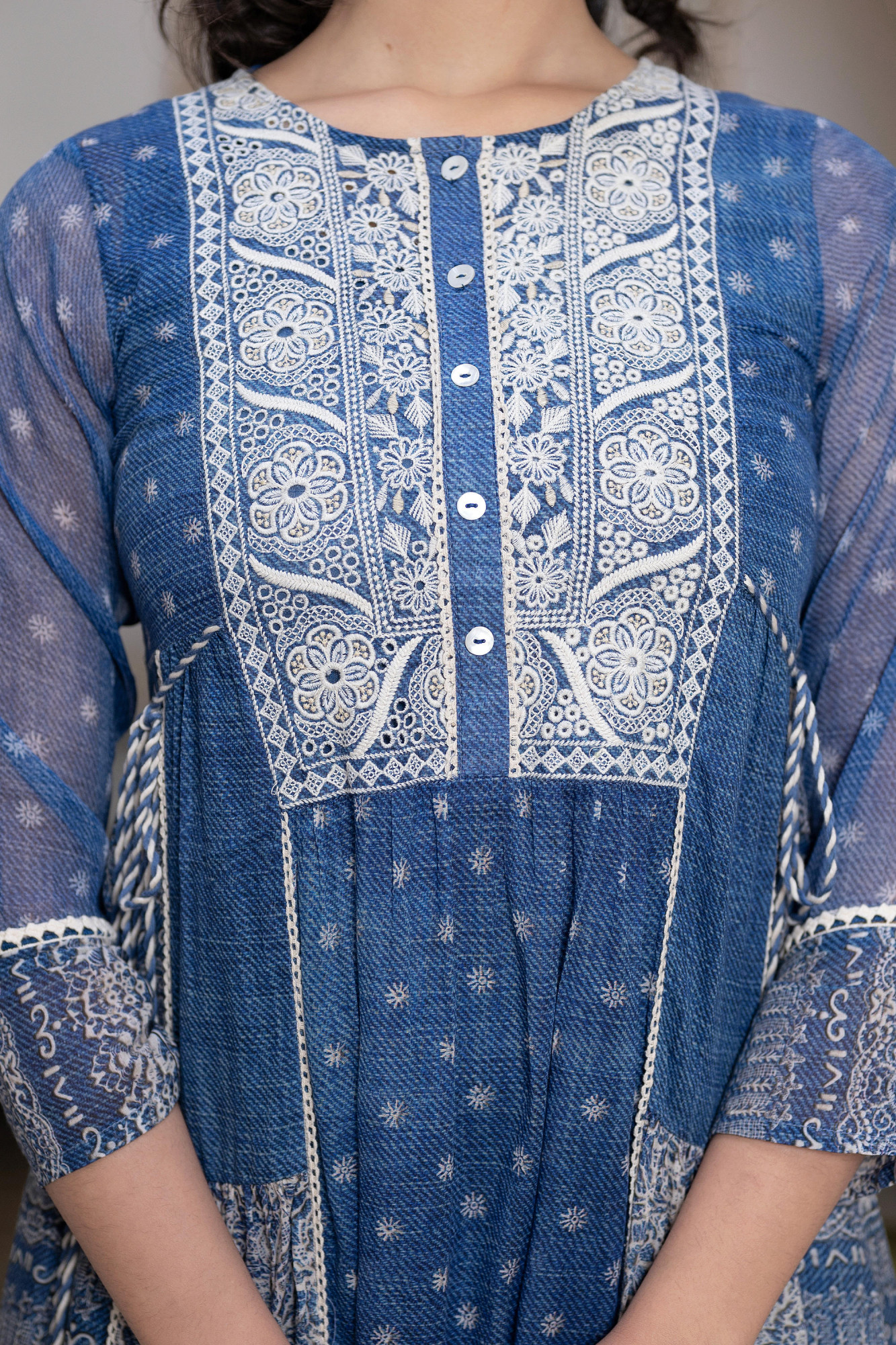 Blue Cotton Floral Embroidered Dress with Thread Work, Dori, Tassels & Denim Look