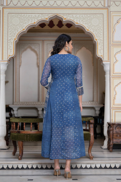 Blue Cotton Floral Embroidered Dress with Thread Work, Dori, Tassels & Denim Look