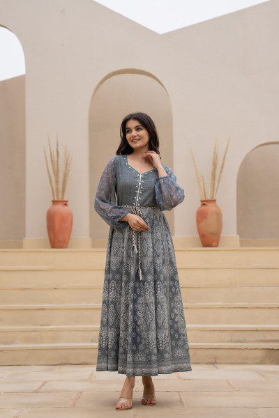 Grey Solid Cotton Dress With Thread Work & Doris