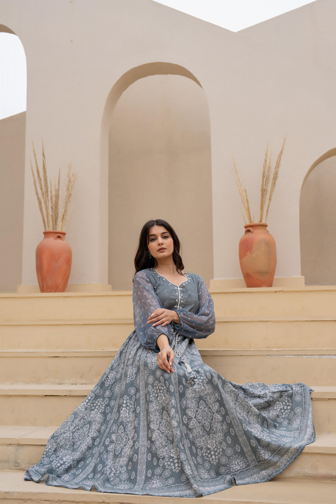 Grey Solid Cotton Dress With Thread Work & Doris