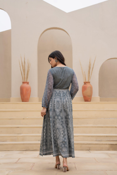 Grey Solid Cotton Dress With Thread Work & Doris