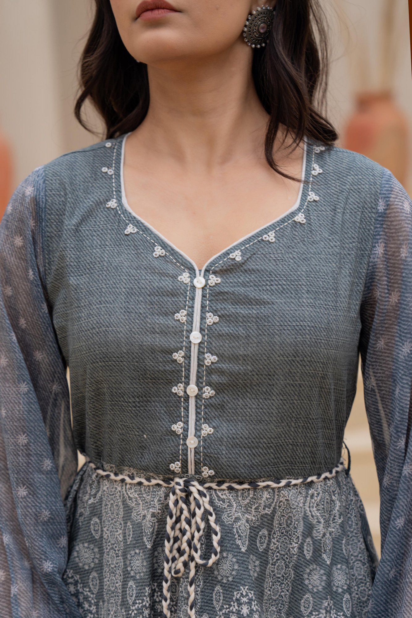 Grey Solid Cotton Dress With Thread Work & Doris