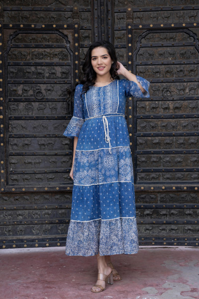 Blue Floral Printed Cotton A-Line Dress With Beads, Lace, and Doris Detailing