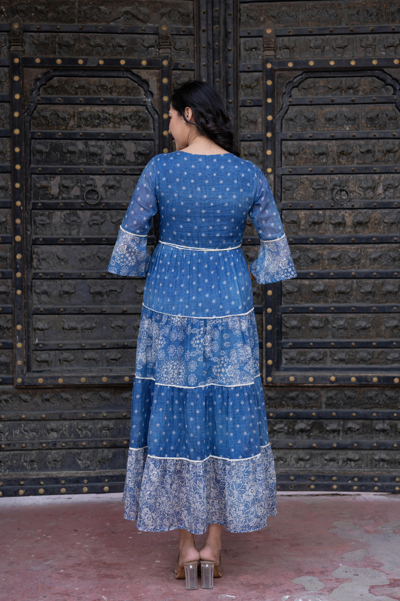 Blue Floral Printed Cotton A-Line Dress With Beads, Lace, and Doris Detailing
