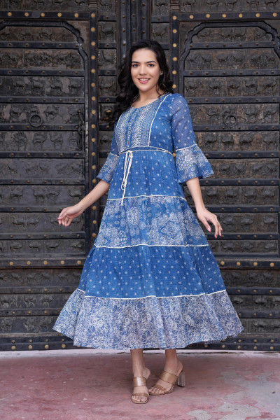 Blue Floral Printed Cotton A-Line Dress With Beads, Lace, and Doris Detailing