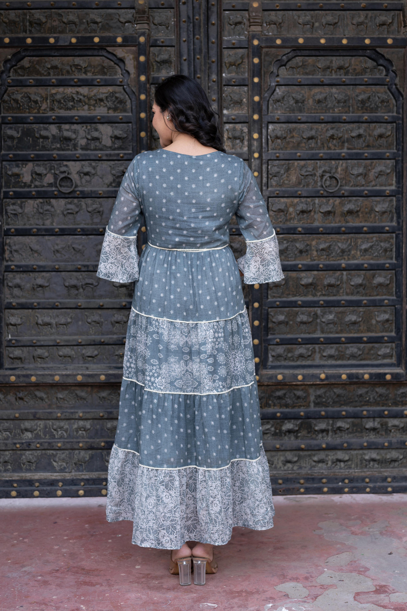 Grey Floral Printed Cotton A-Line Dress With Beads, Lace, and Doris Detailing