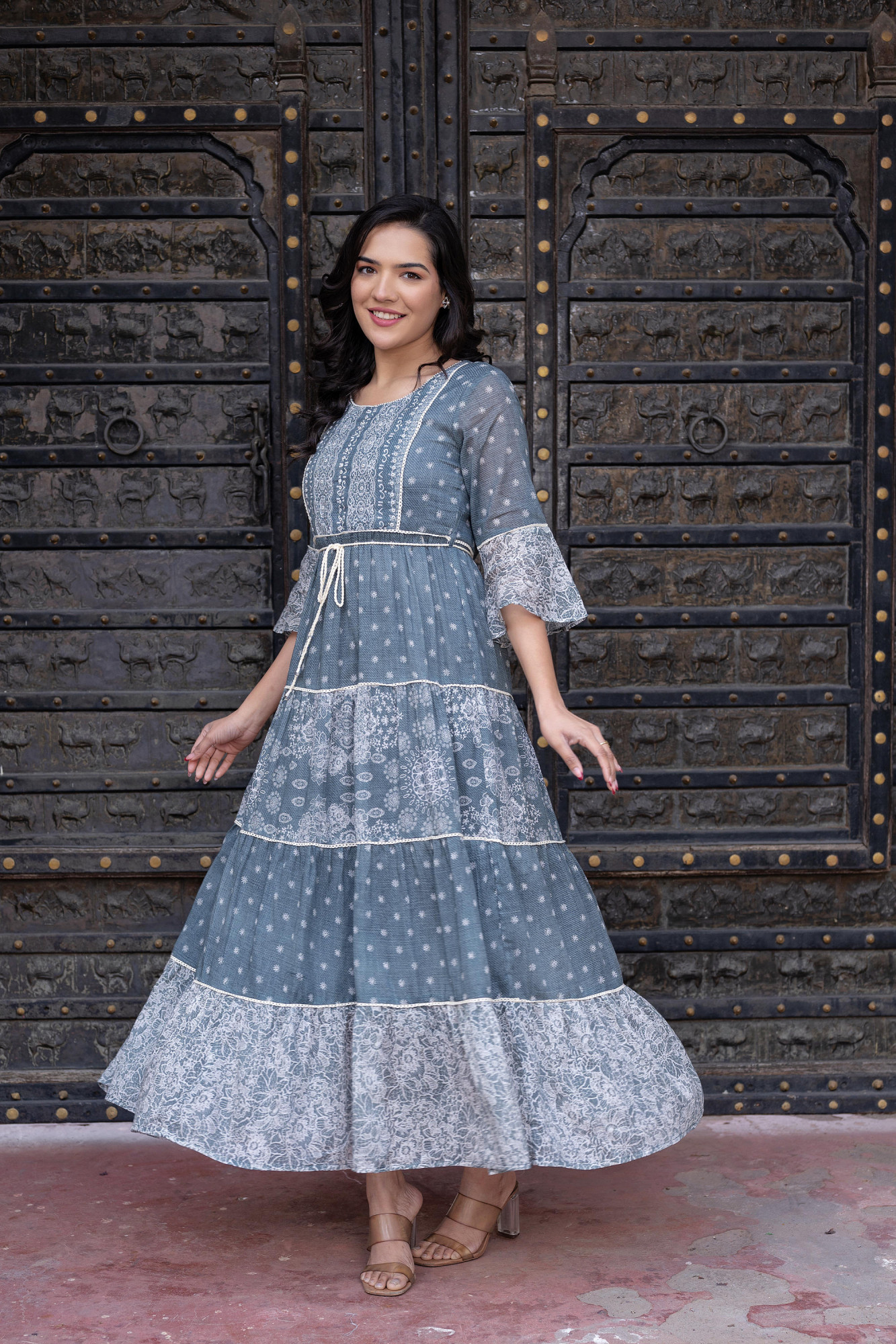 Grey Floral Printed Cotton A-Line Dress With Beads, Lace, and Doris Detailing