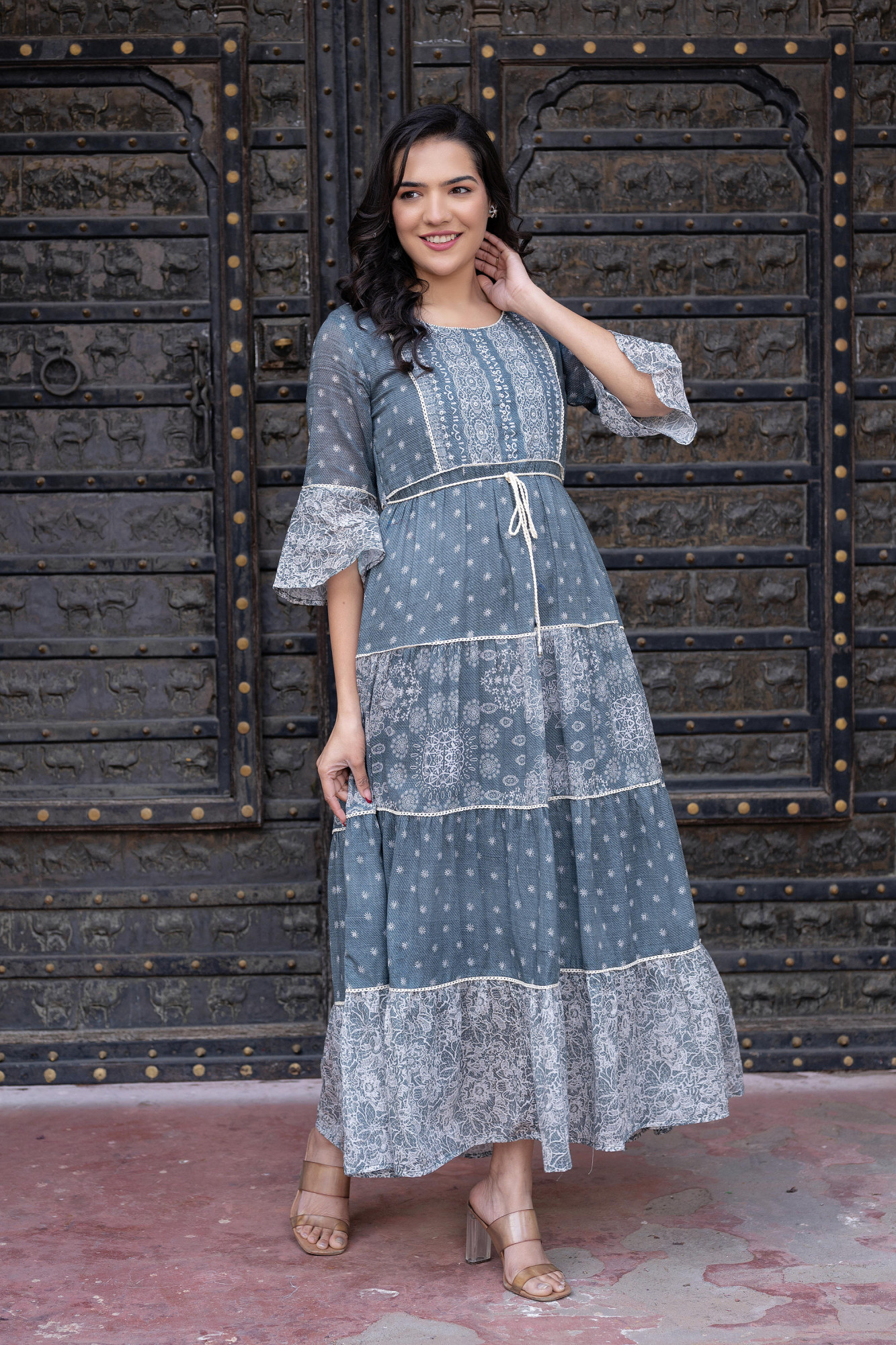 Grey Floral Printed Cotton A-Line Dress With Beads, Lace, and Doris Detailing