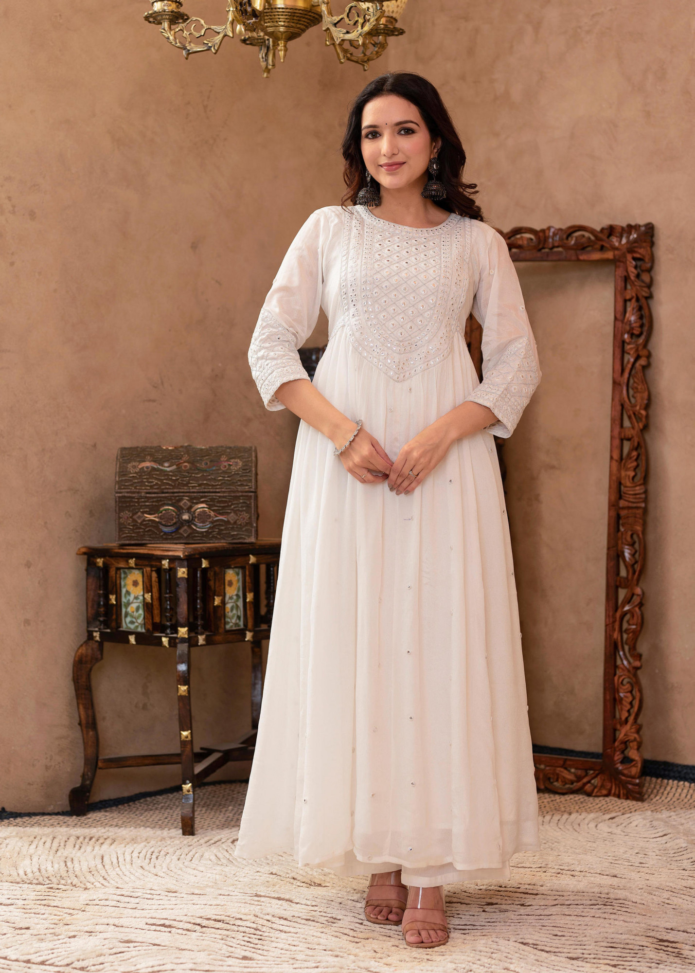 White Viscose Flared Mirror Embroidered Kurta with Cotton Lining & Button Details