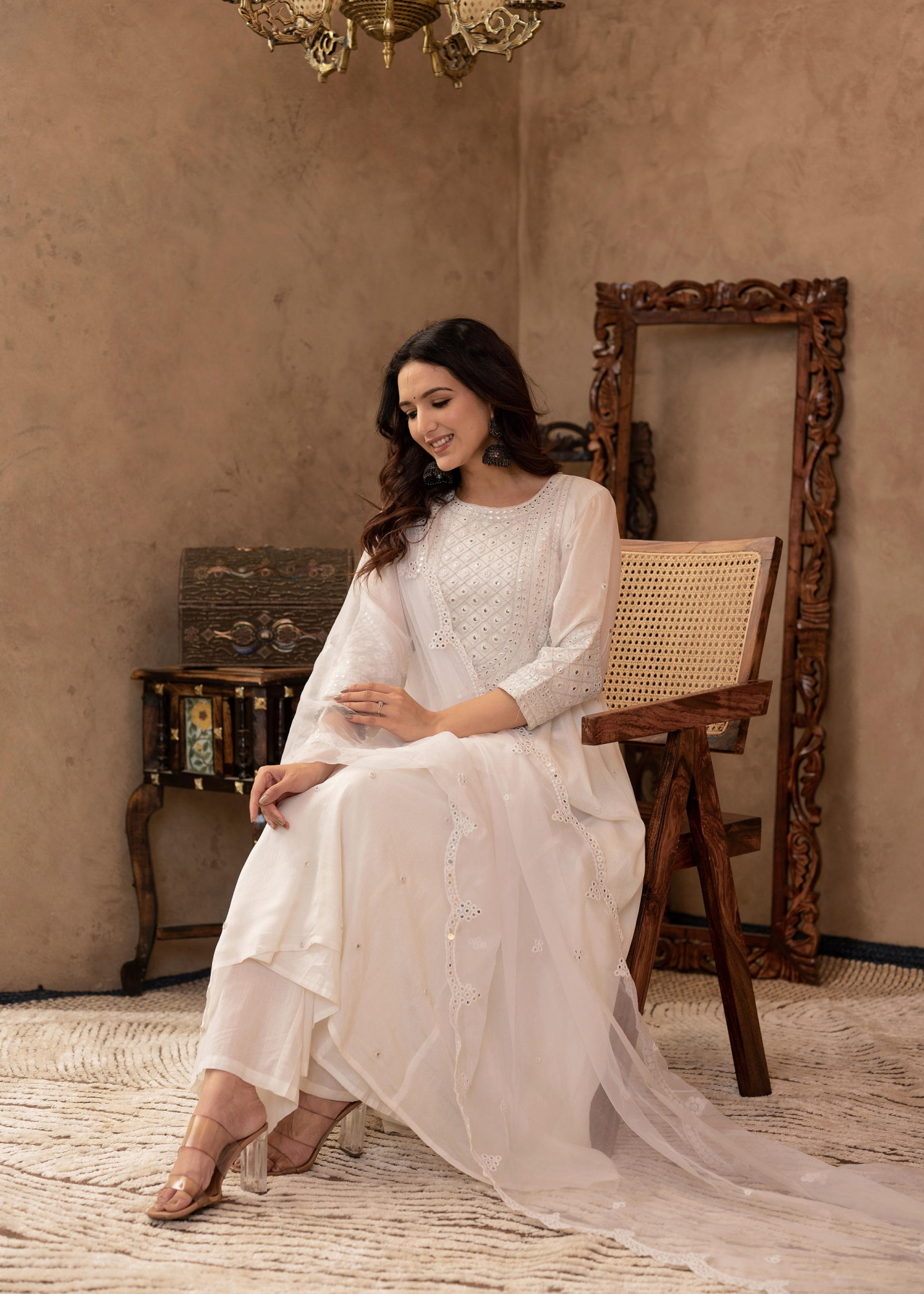 White Viscose Flared Mirror Embroidered Kurta with Cotton Lining & Button Details