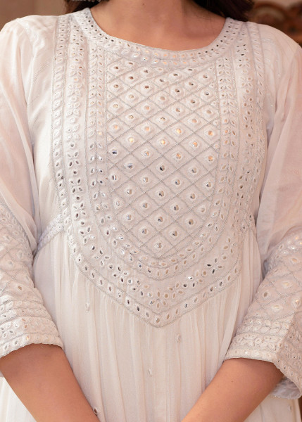 White Viscose Flared Mirror Embroidered Kurta with Cotton Lining & Button Details