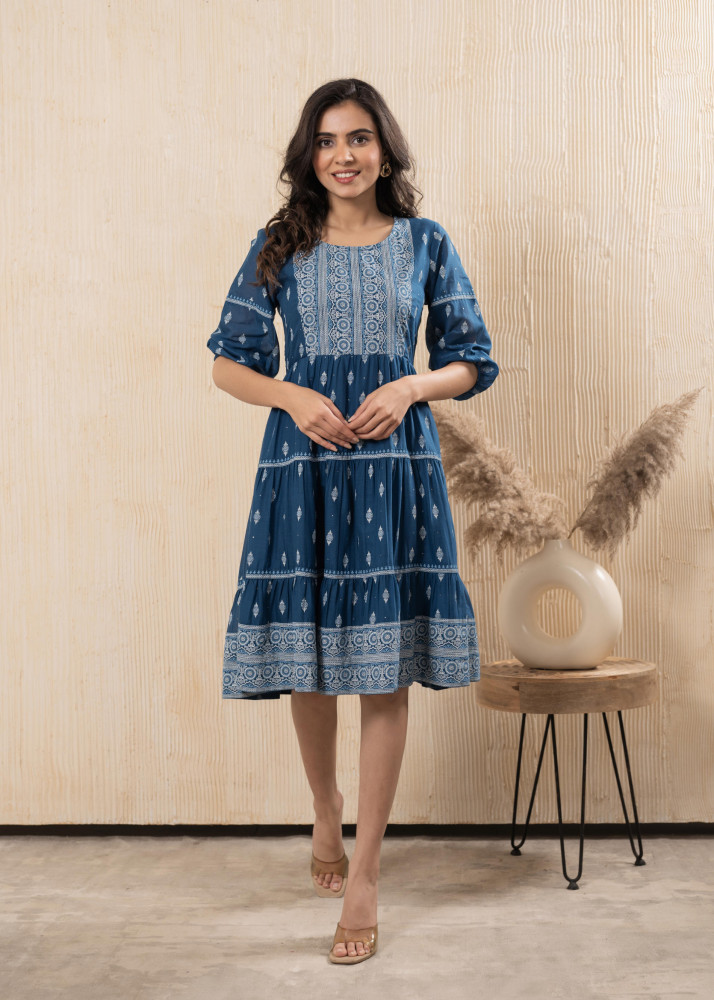 Blue Cotton Ethnic Motif Fit & Flare A-Line Dress