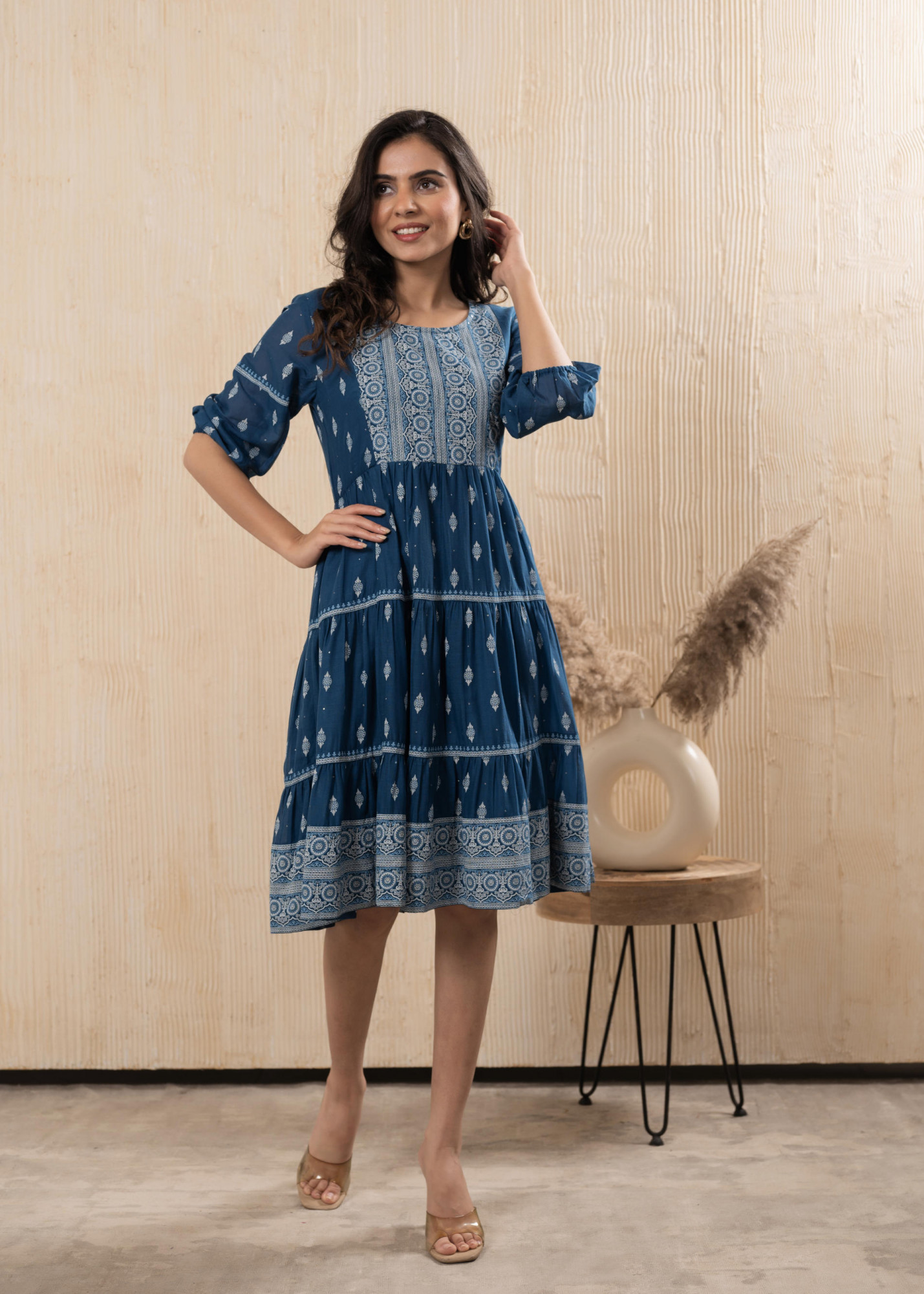 Blue Cotton Ethnic Motif Fit & Flare A-Line Dress