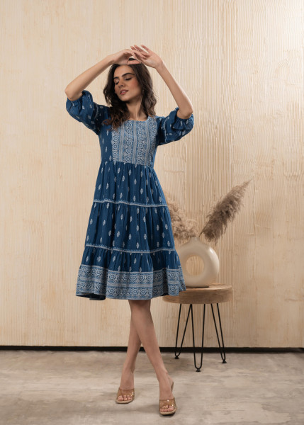 Blue Cotton Ethnic Motif Fit & Flare A-Line Dress
