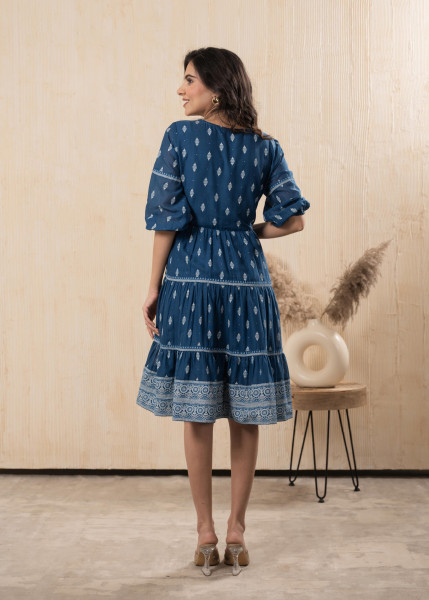 Blue Cotton Ethnic Motif Fit & Flare A-Line Dress