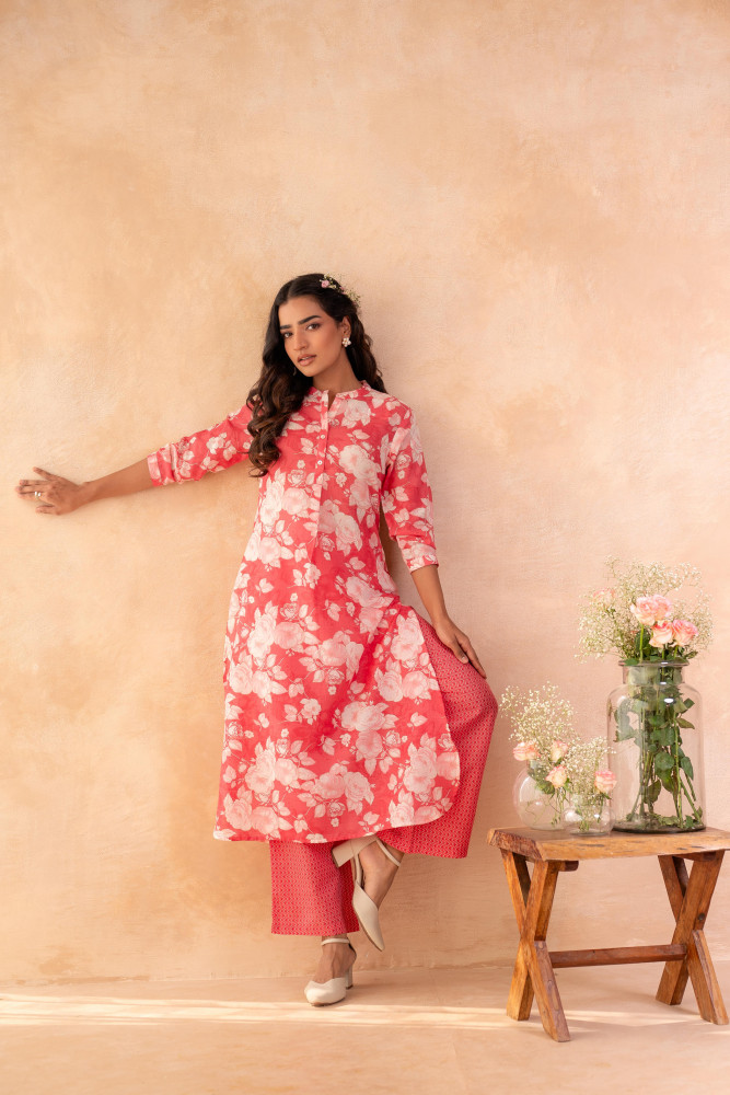 Red Bloom Floral Kurta And Pant Set