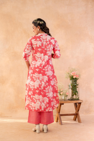 Red Bloom Floral Kurta And Pant Set