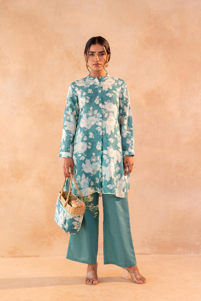 Teal Garden Bloom Kurta And Pant Set