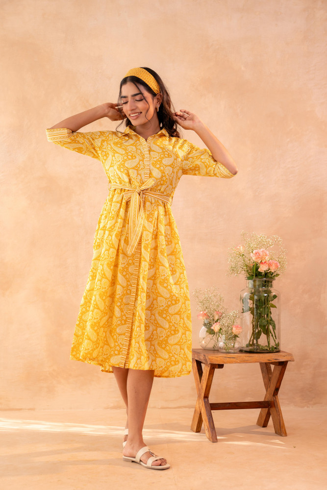 Haldi Haze Printed Gathered Dress