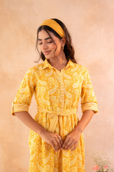 Haldi Haze Printed Gathered Dress