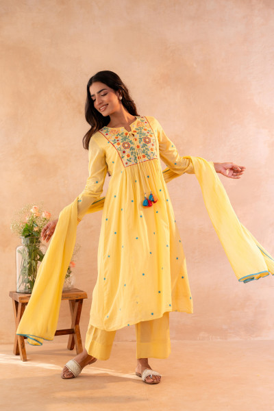 Elegant Yellow Embroidered Kurta Set with Dupatta
